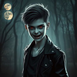 A captivating image of a teenage vampire with sharp fangs and pale skin, wearing modern edgy clothing, complete with a leather jacket and dark jeans