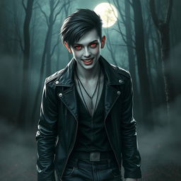 A captivating image of a teenage vampire with sharp fangs and pale skin, wearing modern edgy clothing, complete with a leather jacket and dark jeans