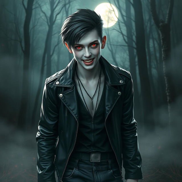 A captivating image of a teenage vampire with sharp fangs and pale skin, wearing modern edgy clothing, complete with a leather jacket and dark jeans