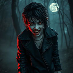 A captivating image of a teenage vampire with sharp fangs and pale skin, wearing modern edgy clothing, complete with a leather jacket and dark jeans