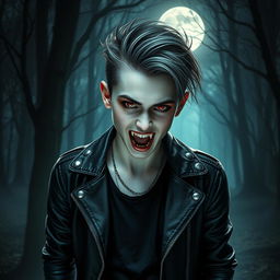 A captivating image of a teenage vampire with sharp fangs and pale skin, wearing modern edgy clothing, complete with a leather jacket and dark jeans