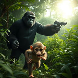 A small, defenseless monkey named Benjamin fleeing through a dense, lush green forest