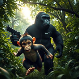 A small, defenseless monkey named Benjamin fleeing through a dense, lush green forest
