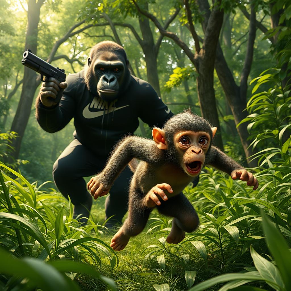 A small, defenseless monkey named Benjamin fleeing through a dense, lush green forest