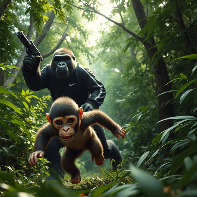 A small, defenseless monkey named Benjamin fleeing through a dense, lush green forest
