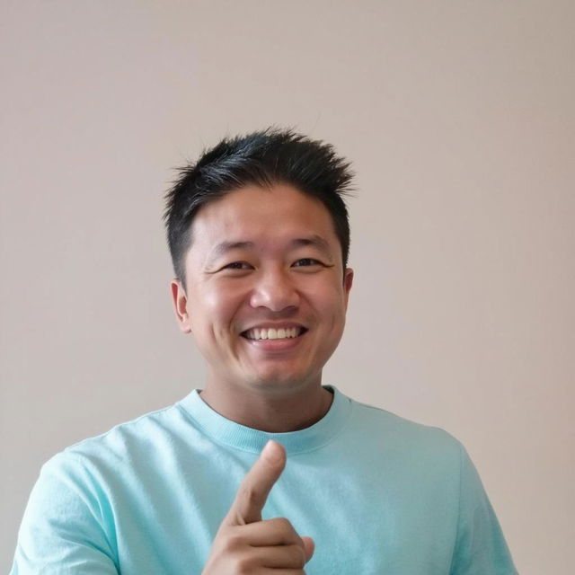 A young boy with a sharp face, wearing a light blue t-shirt, confidently pointing with one finger towards the camera