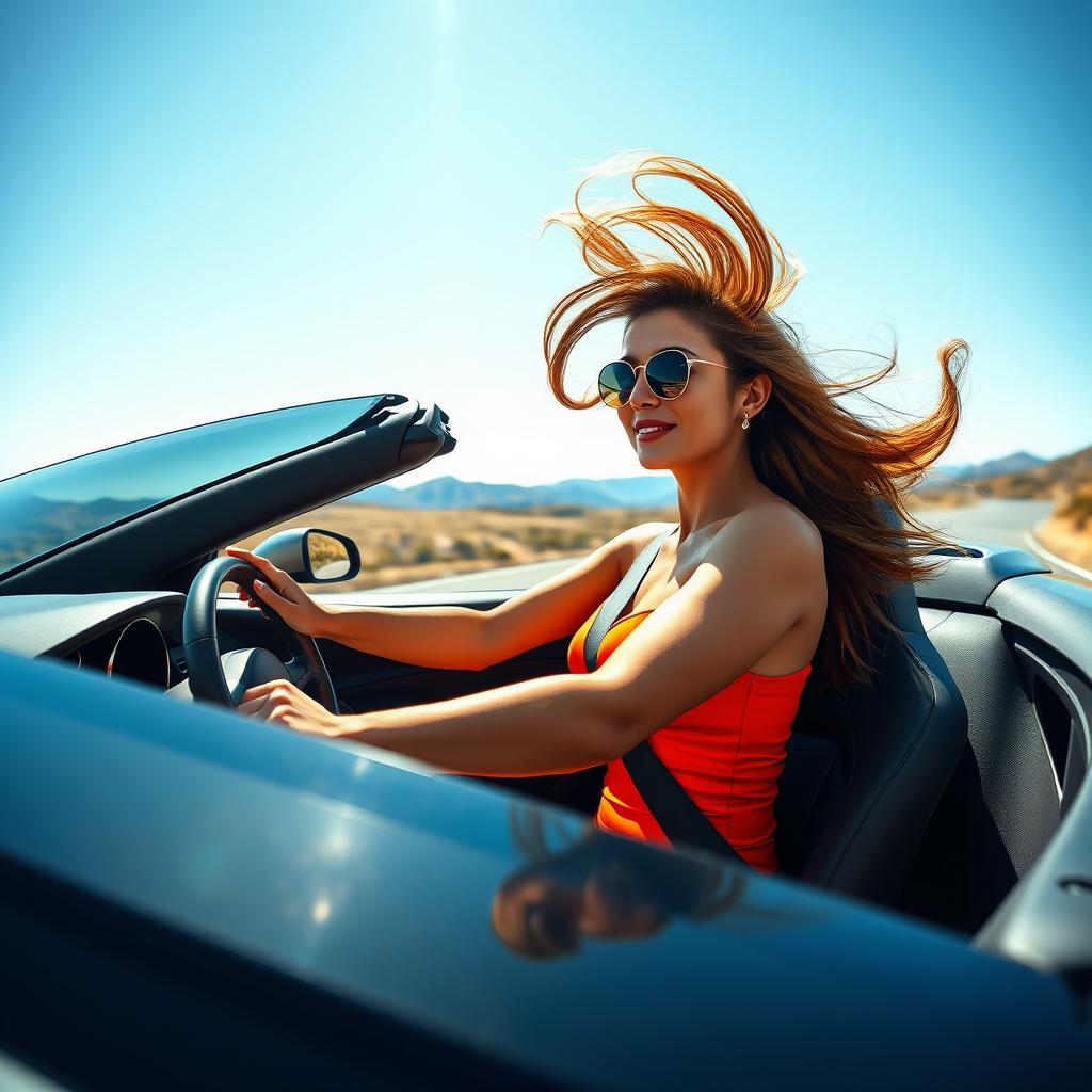 A stunning, busty woman confidently driving a sleek sports car at high speed, her hair flowing wildly in the wind as she embraces the thrill of the moment