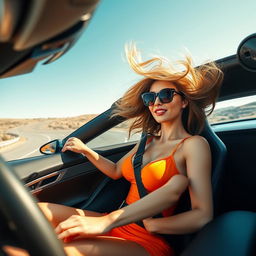 A stunning, busty woman confidently driving a sleek sports car at high speed, her hair flowing wildly in the wind as she embraces the thrill of the moment