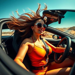 A stunning, busty woman confidently driving a sleek sports car at high speed, her hair flowing wildly in the wind as she embraces the thrill of the moment