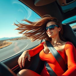 A stunning, busty woman confidently driving a sleek sports car at high speed, her hair flowing wildly in the wind as she embraces the thrill of the moment