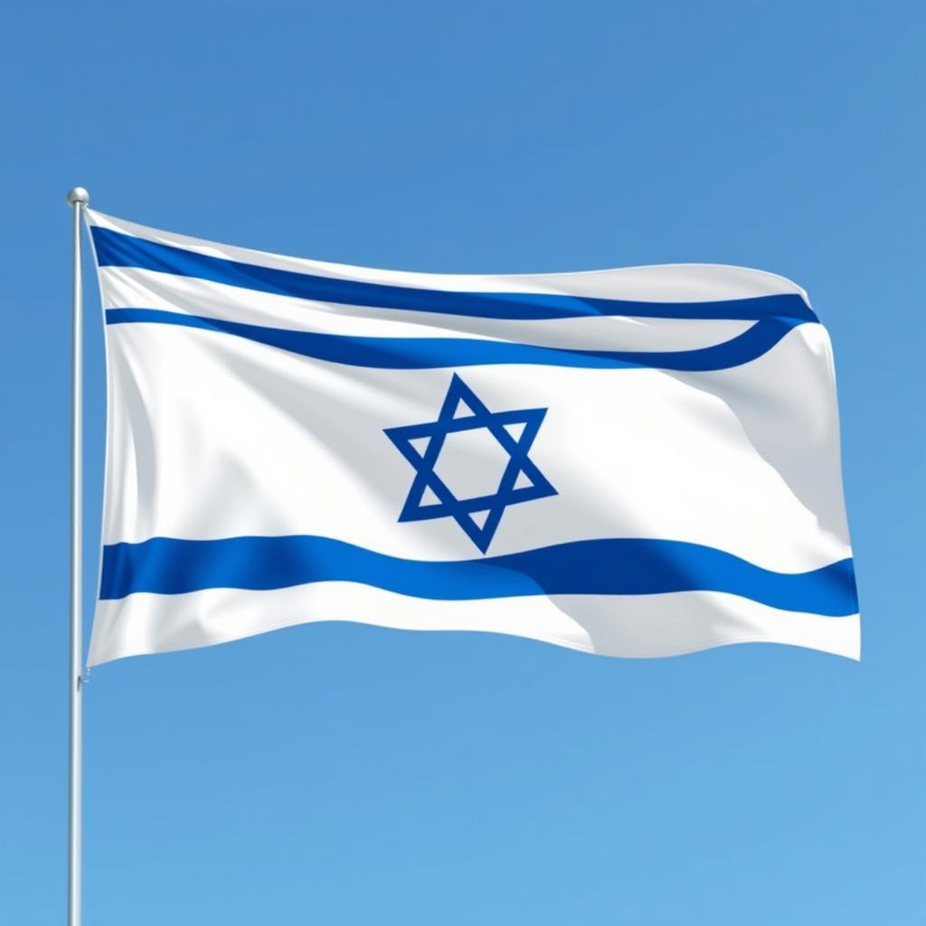 A detailed illustration of the Israeli flag, featuring a blue Star of David in the center, flanked by two horizontal blue stripes on a white background