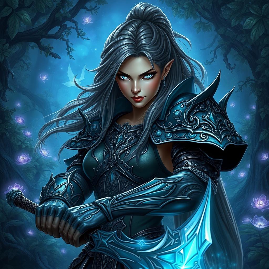 A stunning, fierce female character in a fantasy setting, showcasing intricate shadmer agili armor with flowing designs