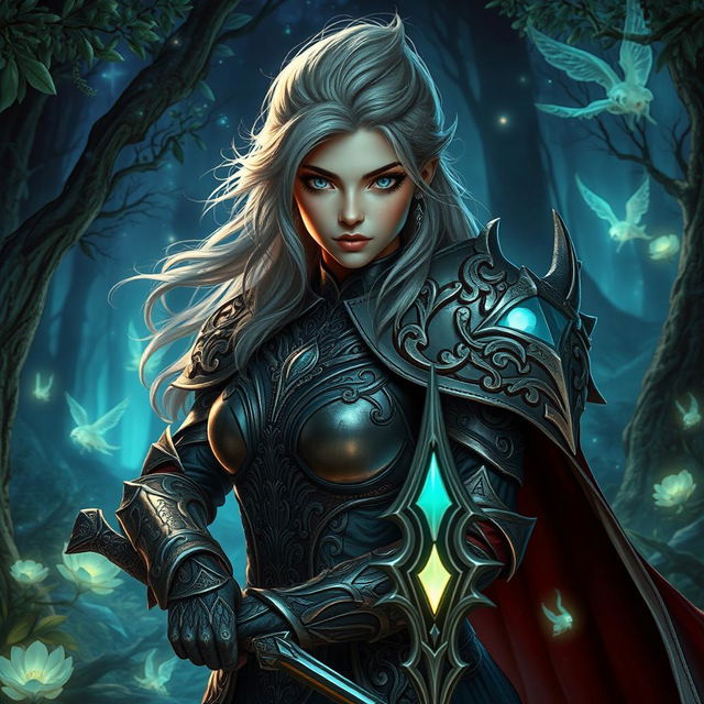 A stunning, fierce female character in a fantasy setting, showcasing intricate shadmer agili armor with flowing designs