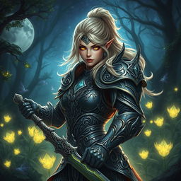 A stunning, fierce female character in a fantasy setting, showcasing intricate shadmer agili armor with flowing designs