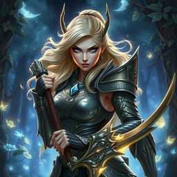 A stunning, fierce female character in a fantasy setting, showcasing intricate shadmer agili armor with flowing designs