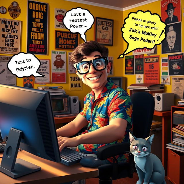 A comedic edit featuring a quirky character sitting at a computer in a bright, colorful room filled with funny posters and a cluttered desk