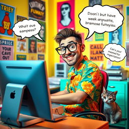 A comedic edit featuring a quirky character sitting at a computer in a bright, colorful room filled with funny posters and a cluttered desk