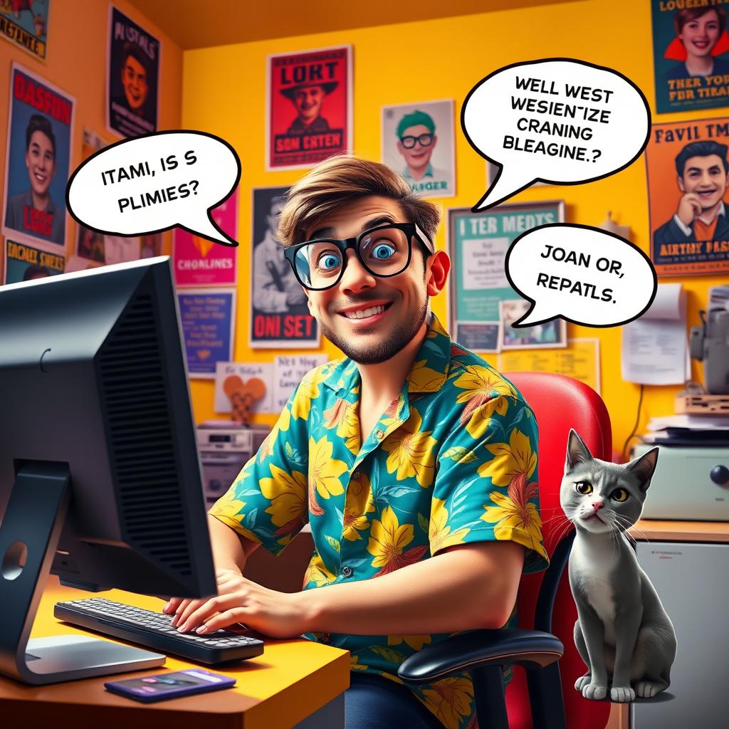 A comedic edit featuring a quirky character sitting at a computer in a bright, colorful room filled with funny posters and a cluttered desk