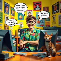 A comedic edit featuring a quirky character sitting at a computer in a bright, colorful room filled with funny posters and a cluttered desk