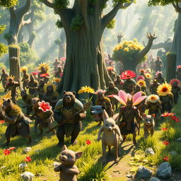 A nature-themed army marching into battle, composed of various elements like trees, flowers, animals, and mythical creatures