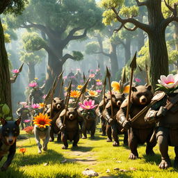 A nature-themed army marching into battle, composed of various elements like trees, flowers, animals, and mythical creatures