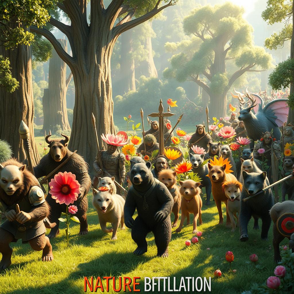 A nature-themed army marching into battle, composed of various elements like trees, flowers, animals, and mythical creatures