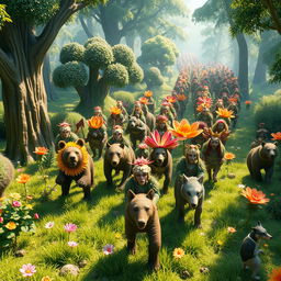 A nature-themed army marching into battle, composed of various elements like trees, flowers, animals, and mythical creatures