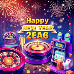 A vibrant and festive digital illustration of an online casino game scene celebrating the New Year