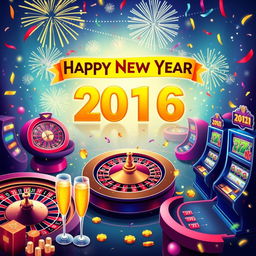 A vibrant and festive digital illustration of an online casino game scene celebrating the New Year