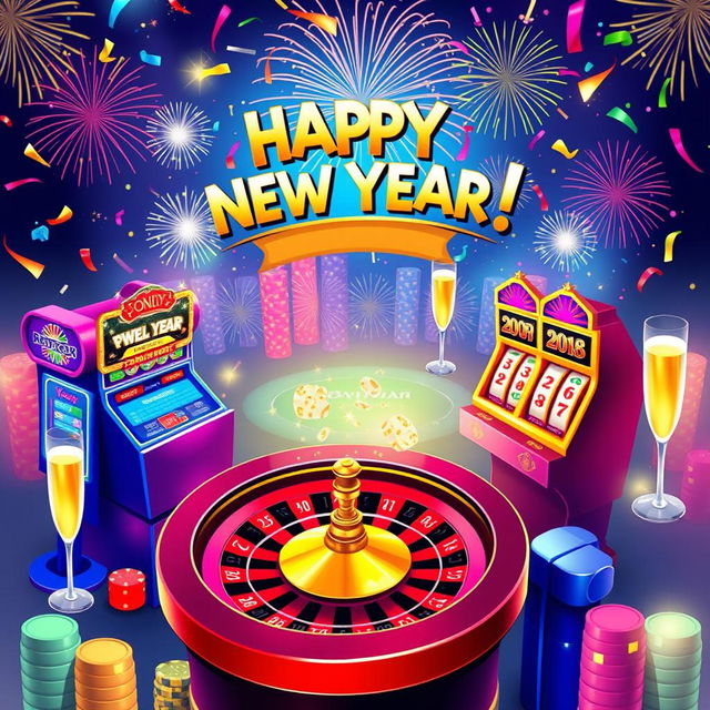 A vibrant and festive digital illustration of an online casino game scene celebrating the New Year