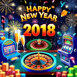 A vibrant and festive digital illustration of an online casino game scene celebrating the New Year