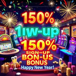 A vibrant and festive digital illustration of an online casino game scene celebrating the New Year