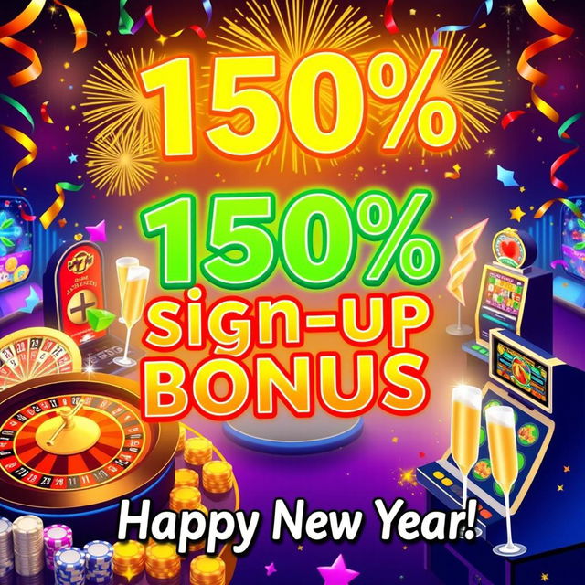 A vibrant and festive digital illustration of an online casino game scene celebrating the New Year