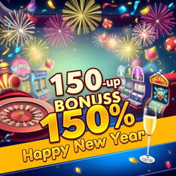 A vibrant and festive digital illustration of an online casino game scene celebrating the New Year