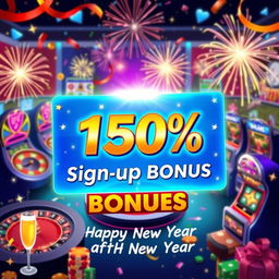 A vibrant and festive digital illustration of an online casino game scene celebrating the New Year