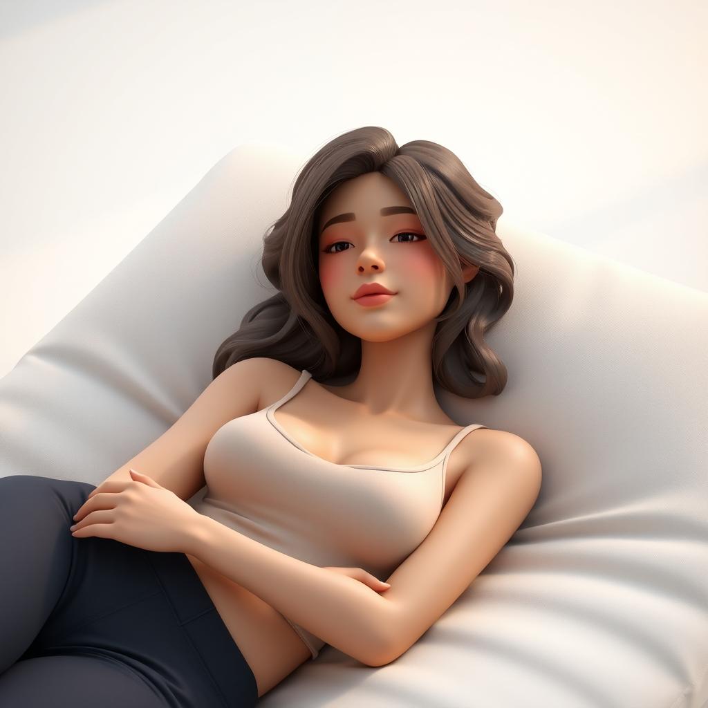 A realistic 3D render of a woman lying down comfortably on a soft surface