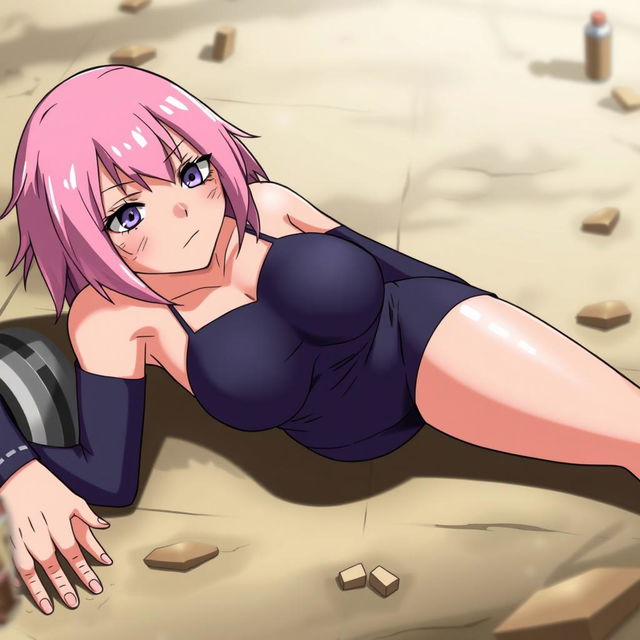 A stylized illustration of Sakura Haruno from Naruto lying down, wearing tight and short clothing