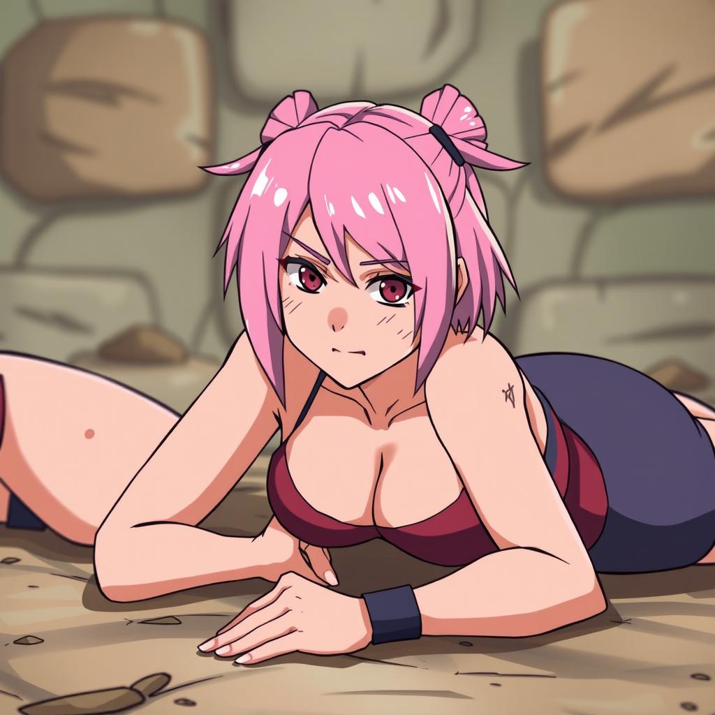 A stylized illustration of Sakura Haruno from Naruto lying down, wearing tight and short clothing