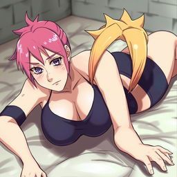 A stylized illustration of Sakura Haruno from Naruto lying down, wearing tight and short clothing