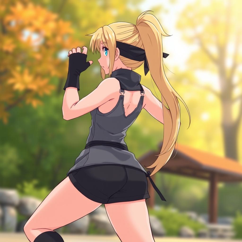An illustrated character resembling a ninja with long blonde hair styled in a ponytail, wearing a tank top and shorts
