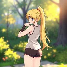 An illustrated character resembling a ninja with long blonde hair styled in a ponytail, wearing a tank top and shorts