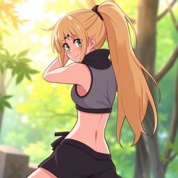 An illustrated character resembling a ninja with long blonde hair styled in a ponytail, wearing a tank top and shorts