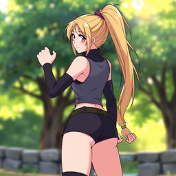 An illustrated character resembling a ninja with long blonde hair styled in a ponytail, wearing a tank top and shorts