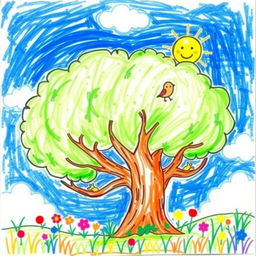 A drawing of a lush, full tree, created in the style of a 5-year-old child