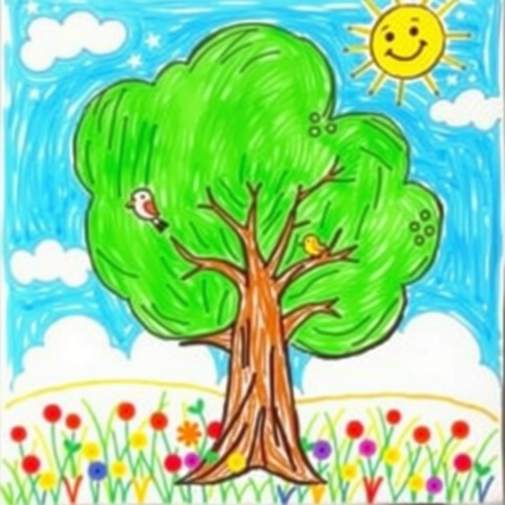 A drawing of a lush, full tree, created in the style of a 5-year-old child