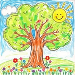 A drawing of a lush, full tree, created in the style of a 5-year-old child
