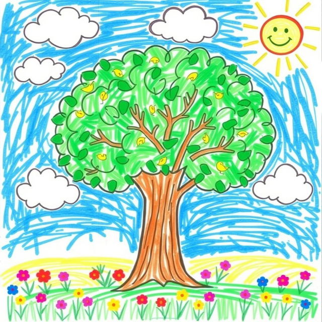 A drawing of a lush, full tree, created in the style of a 5-year-old child