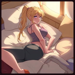 An illustration of a character inspired by a skilled ninja with long blonde hair in a ponytail, lying on a bed in a relaxed position