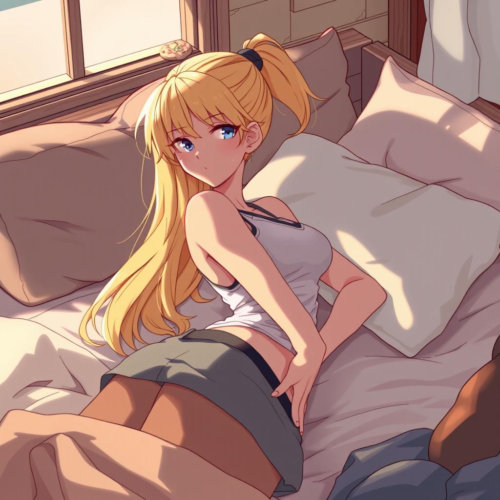 An illustration of a character inspired by a skilled ninja with long blonde hair in a ponytail, lying on a bed in a relaxed position