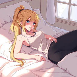 An illustration of a character inspired by a skilled ninja with long blonde hair in a ponytail, lying on a bed in a relaxed position